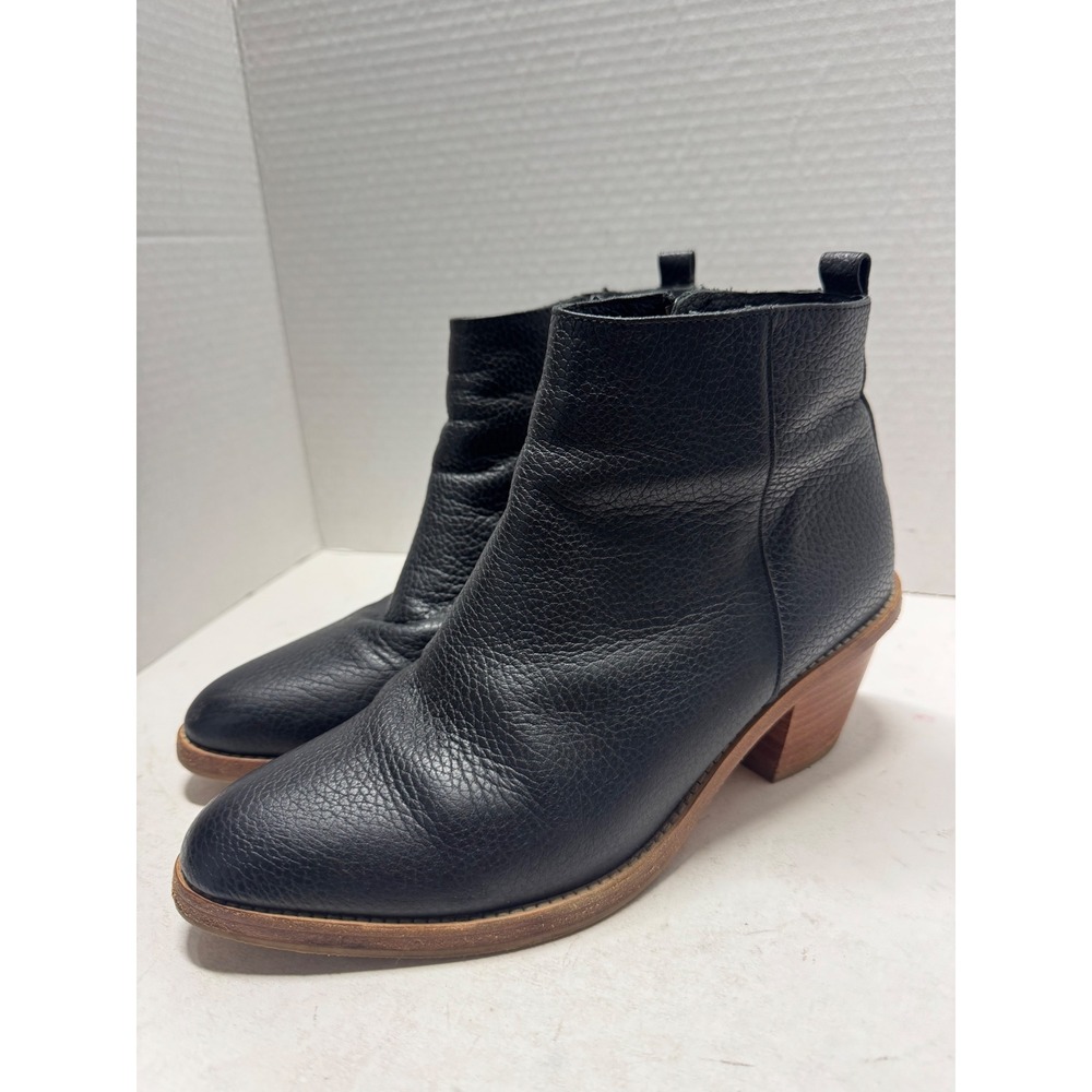Poppy Barley Black Pebbled Leather Heeled Ankle Boots 8.5 Stacked Wood Heel 947
